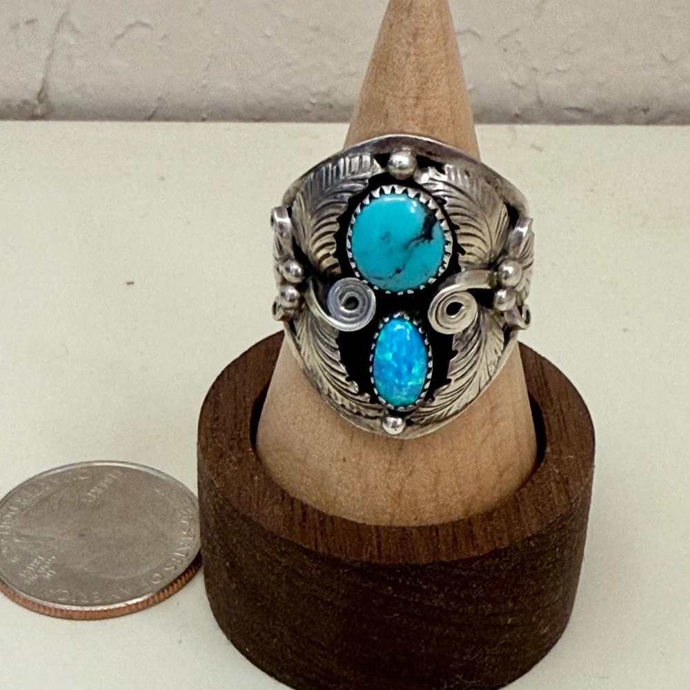 Vintage Navajo Turquoise & Opal Ring | Size 9.75 | Signed Sterling Silver “P.J.”